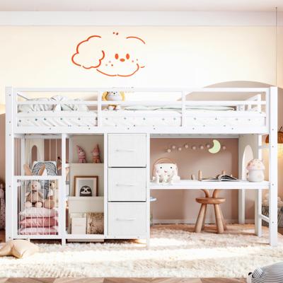 GREATPLANINC Metal Low Profile Loft Bed with Drawers Bookshelf Desk Guardrails