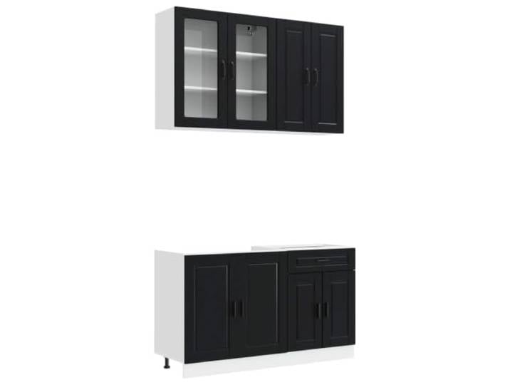 Favemtsl Küchenzeile Porto 4-teilig Schwarz Holzwerkstoff Kompakte Einbauküche für kleine Räume mit Wandsicherung, Glasschrank und viel Stauraum für Geschirr und Kochutensilien.