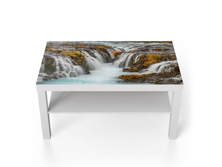 DEQORI Glastisch weiß groß 90x50 cm Motiv Herbstlicher Wasserfluss ausgefallener Beistelltisch aus Glas Hochglanz Couchtisch fürs Wohnzimmer moderner Couch Tisch mit Design