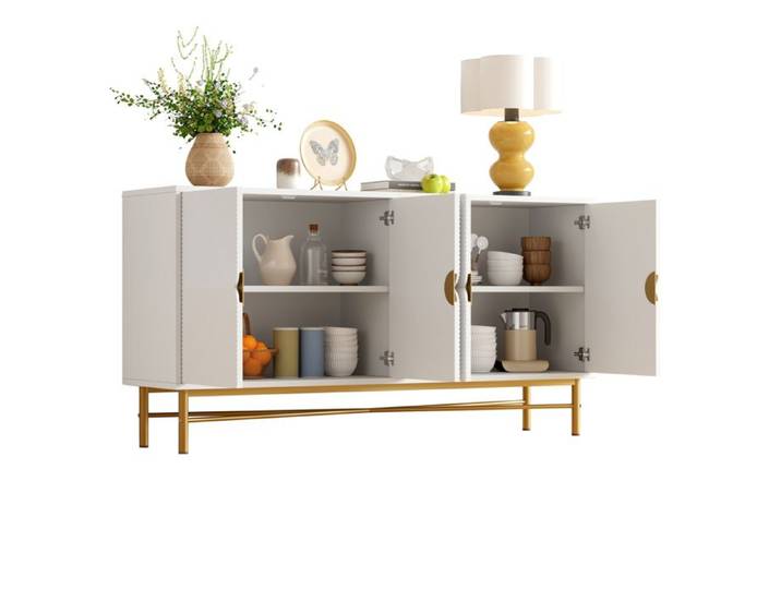 Buffet Enfilade Blanc 160 cm 4 Portes Texture en Relief Poignées Dorées Brossées Pieds Brillants 160×40×82