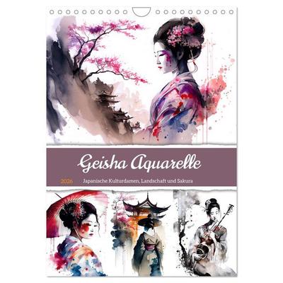 Geisha Aquarelle - Japanische Kulturdamen, Landschaft und Sakura (Wandkalender 2026 DIN A4 hoch), CALVENDO Monatskalender