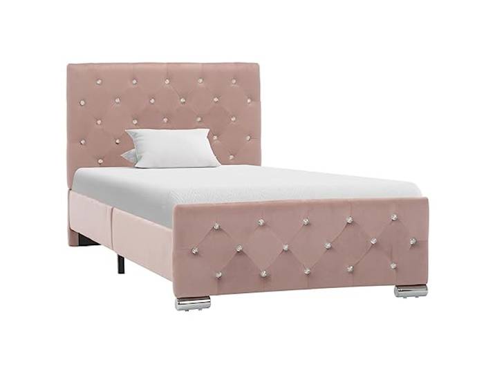 RJPLMFV Bettgestell, Velours, Rosa, 90 x 200 cm Holz und robuster Stahl, Metallbeine, Lattenrost inklusive, einfach zu montieren
