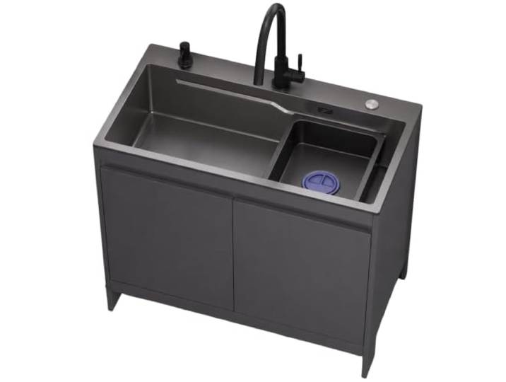 Camping Spültisch 68cm Edelstahl Outdoor Küchen Spüle mit Armatur Spülbecken Set Anthrazit mit Unterschrank in Grau oder Weiß, Inklusive Armatur & Ablauf-Set, Für Innen- & Außenbereich