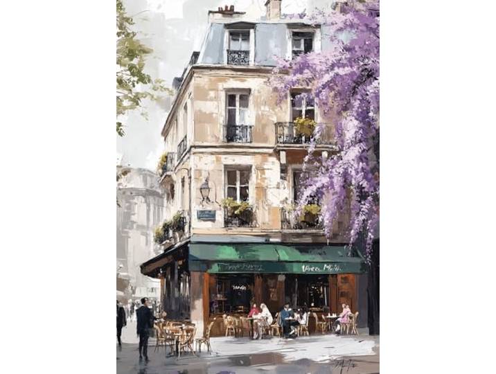 STYLER Leinwandbild Blooming Bistro 60x80 cm – Französisches Café-Motiv mit blühender Glyzinie – Stilvolles Wandbild mit französischem Flair