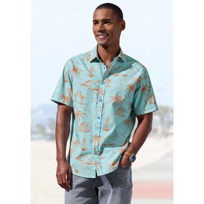 Hawaiihemd JOHN DEVIN "- Kurzarmhemd mit kontrastfarbigem Palmen Druck", Herren, Gr. XXXL, N-Gr, grün (hellblau), Web, Obermaterial: 100% Baumwolle, bedruckt, regular fit normal, ohne Ausschnitt, abgesteppte Kante, Hemden Hawaiihemd, Freizeithemd...