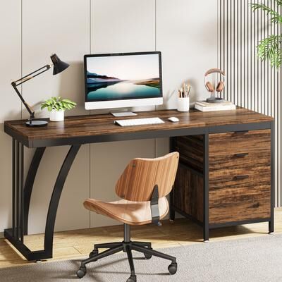 1Easylife 59 inch Reversible Computer Desk with 3 Drawer Cabinet, Industrial Study Writing Table Workstation for Home Office Bedroom