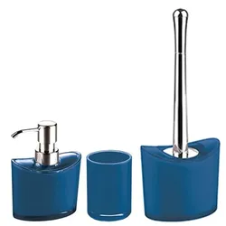 MSV Badezimmer Set Manihi, 3-teiliges Badzubehör aus Acryl, Seifenspender, WC Bürste, und Zahnputzbecher Blau