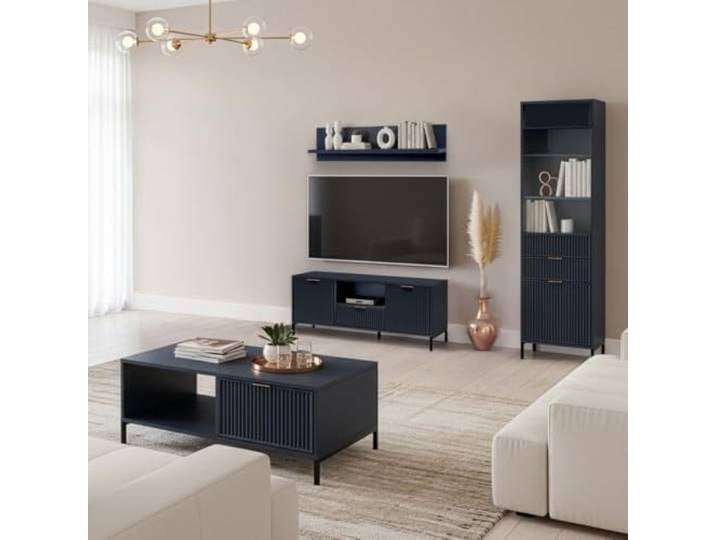 Lomadox Wohnwand Anbauwand Wohnzimmer Set Indigo blau modern 4-teilig Vitrine Wandregal Lowboard Couchtisch