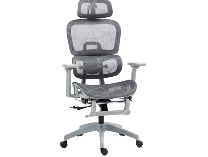 WOVREO Chaise de bureau ergonomique grise en maille respirante inclinable 135° avec repose-pieds