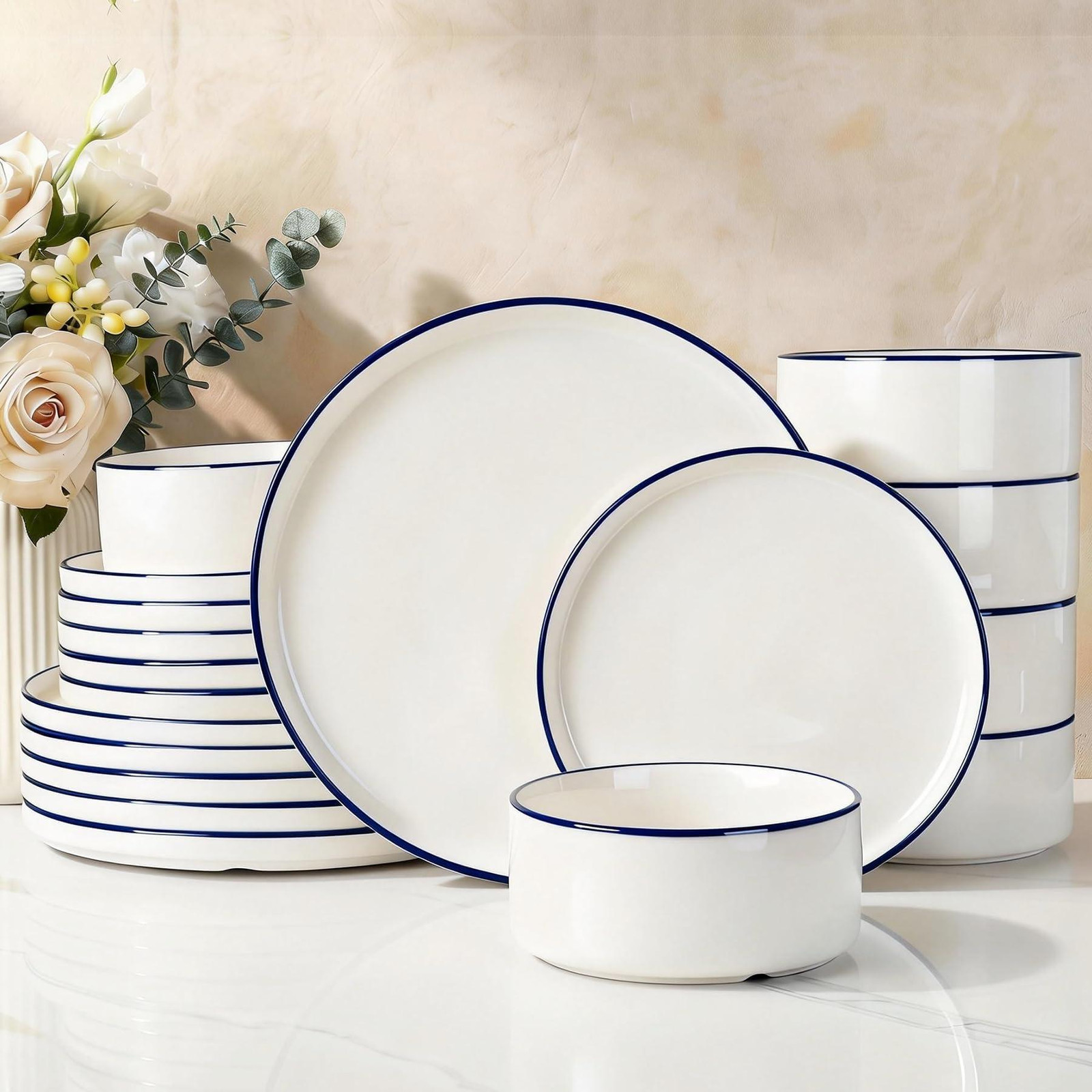 Dripio 18-delig porseleinen servies, wit met donkerblauwe rand