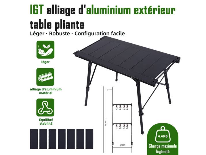 Table de camping pliante IGT, table de camping modulaire portable, table de camping robuste en aluminium à hauteur réglable, adaptée pour les pique-niques, la plage, le jardin, avec support pour