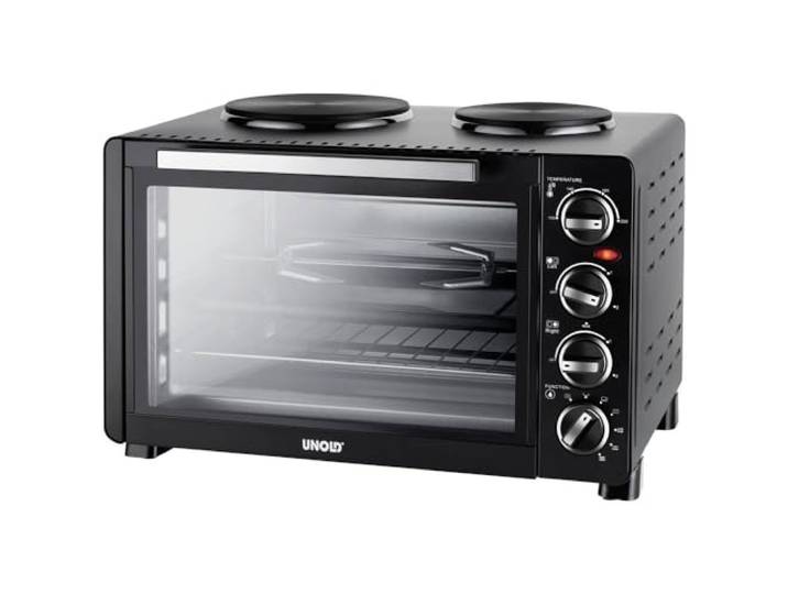 Unold 68885 All in One Minibackofen - 30L Garraum, 600-1.000 Watt Kochplatten, Flexible Temperatureinstellungen, Doppelverglaste Tür, Hitzeisoliertes Außengehäuse, Integrierter Drehspieß