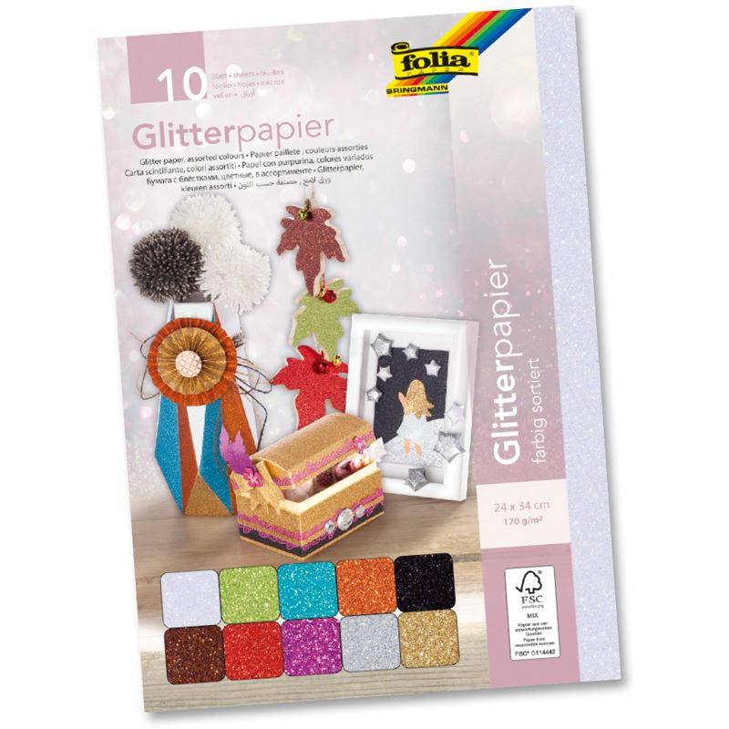 folia Glitterpapier, 170 g/qm, 240 x 340 mm, farbig sortiert