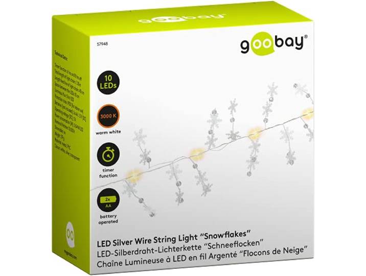 goobay 57948 Led-lichtketting met timerfunctie, batterijfunctie, sneeuwvlokken, led, om op te hangen, lichtketting voor binnen, met 10 leds, 3000 K, IP20, zilver, transparant