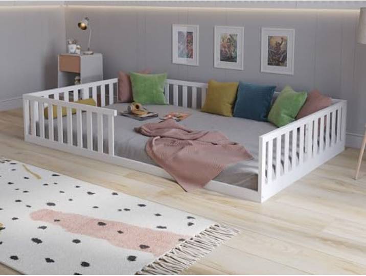 Love For Sleep Bodenbett Kinderbett Weiß 140x200cm Kinderfreundliche Konstruktion, Florence Montessori Bett aus Holz mit Lattenrost