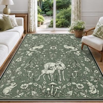 BLUEBELL Whimsical Woodland Botanical Area Rug, Soft Low Pile Washable Non Slip Indoor Carpet