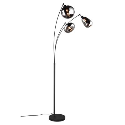 TRIO LEUCHTEN Stehlampe "Lumina, gebogene Stehleuchte mit Glasschirmen exkl 3x E14 max 10W", schwarz (schwarz matt), 3, H: 200cm, 1 Stk., Leuchten, Gläser in 3 Formen sind Chrom bedampft für Spiegel Effekte Fußschalter, Stehlampe