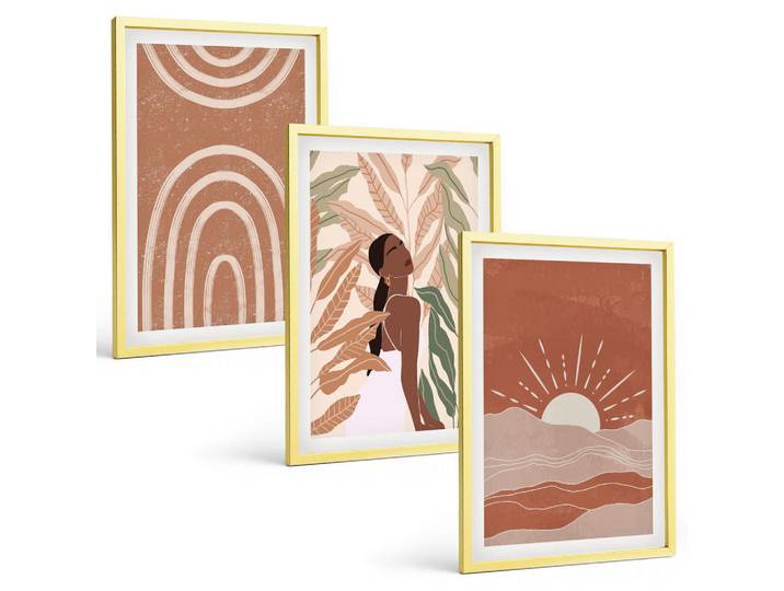 Tulup Bilder SET 3er Set - 40x60 cm Goldrahmen - abstrakte Formen im Boho-Stil, Goldfarben, Kunststoff, Rechteckig, 40x60 cm, einfache und schnelle Anbringung, Bilder & Rahmen, Bilder