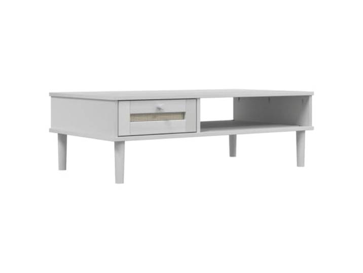 LASWWQMRF Couchtisch SENJA Weiß 100x55x33 cm Kiefernholz Rattan-Optik Stilvoller Wohnzimmertisch mit Boho Poly-Rattan Schublade, offenem Ablagefach und schützender UV-Lackierung.