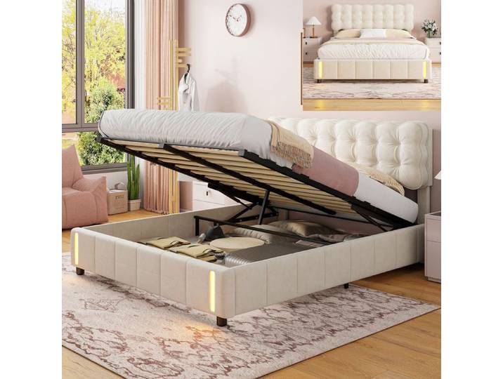 Lit coffre 140x200 avec sommier à lattes Lit avec lumière à détection de mouvement au pied tissu en velours beige