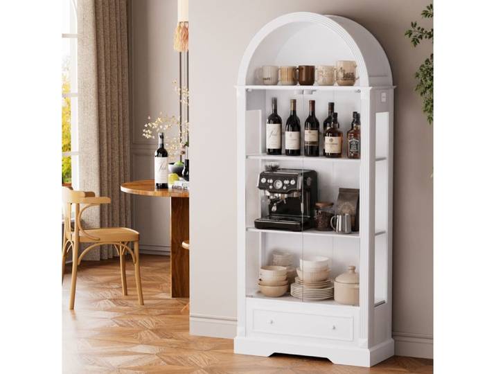 ULEVR Vitrine haute en arche 180 cm portes vitrées tiroir LED tricolore MDF et verre blanc