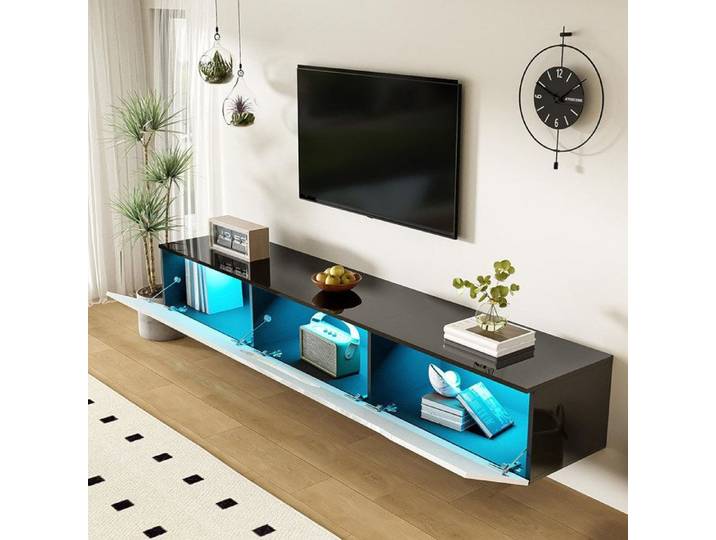 Meuble TV tele Noir et Blanc Meuble tele suspendu longueur 180 cm surface brillante avec éclairage LED 16 couleurs