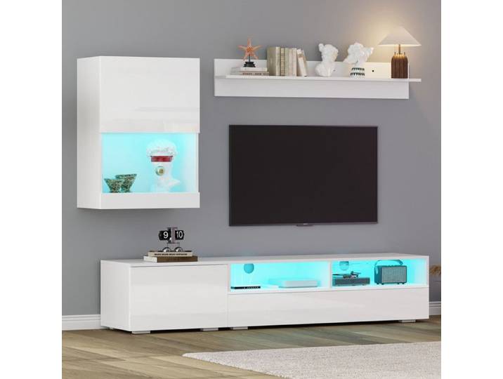 Meuble TV -175x39x34cm Ensemble mural avec Vitrine (ensemble complet 3 pièces) - MUR multimédia incl.Planche - blanc