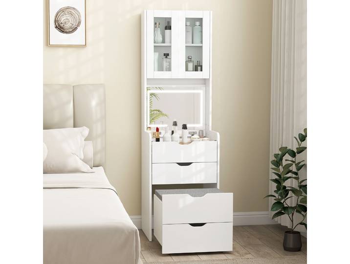 HOMCOM Coiffeuse LED Blanc avec Miroir, Tabouret et Rangement