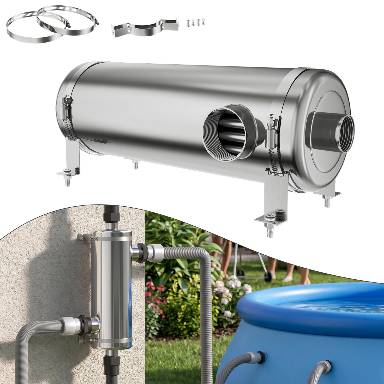 XMTECH RVS warmtewisselaar voor zwembaden, whirlpools en spa's, 40 kW, B: 39 cm, D: 12 cm