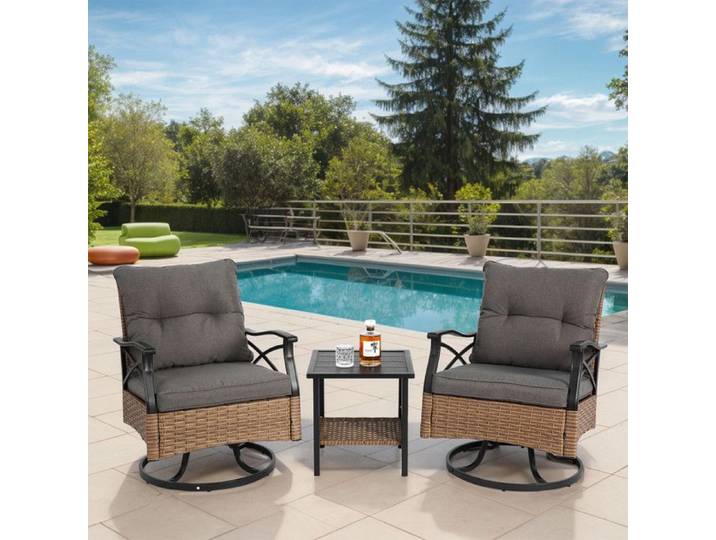 Ensemble de 3 fauteuils pivotants d'extérieur - Fauteuils en rotin marron - Capacité de charge de 159 kg - Mobilier d'extérieur