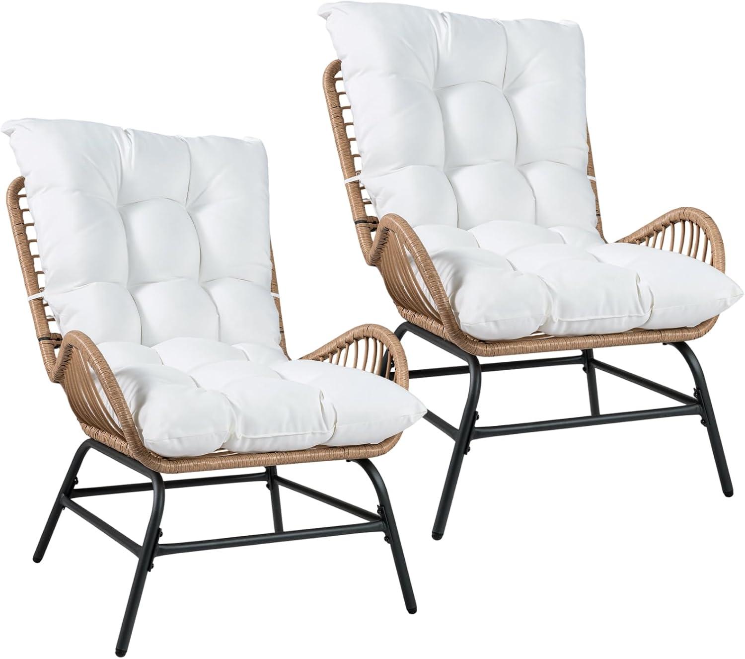 2er-Set Rattanstühle für den Garten, wetterfeste Gartensessel mit dicken Kissen, XXL-Rattansessel, Terrassenstühle bis 150 kg belastbar, für Garten, Terrasse und Balkon (Weiß)