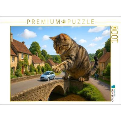 CALVENDO Puzzle Riesige Katze spielt mit einem Auto auf der Brücke | 1000 Teile Lege-Größe 64x48cm Foto-Puzzle für glückliche Stunden