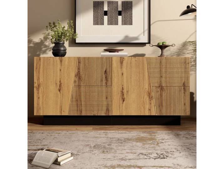 Buffet - DREAMMESPACE - 160x40x72cm - Design géométrique - Étagère réglable - Noir et bois