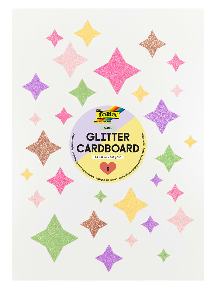 folia PAPER Glitzer-Tonpapier "Pastel" - ab 5 Jahren - 6 Blatt - onesize