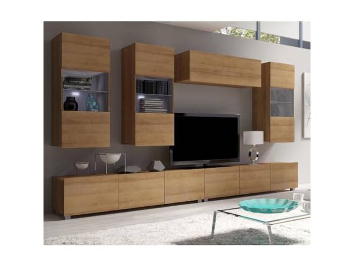 Lomadox Wohnwand Anbauwand Eiche Nb. 6-teilig Modern, mit 3 Hängevitrinen, LED-Beleuchtung