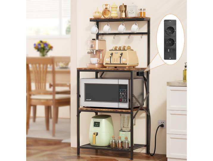 Étagère de cuisine pour micro-ondes, support pour four à micro-ondes, étagère autoportante avec/sans prises, mini bar à café, étagère à épices, cadre en métal avec 8 crochets en S, étagère réglable en