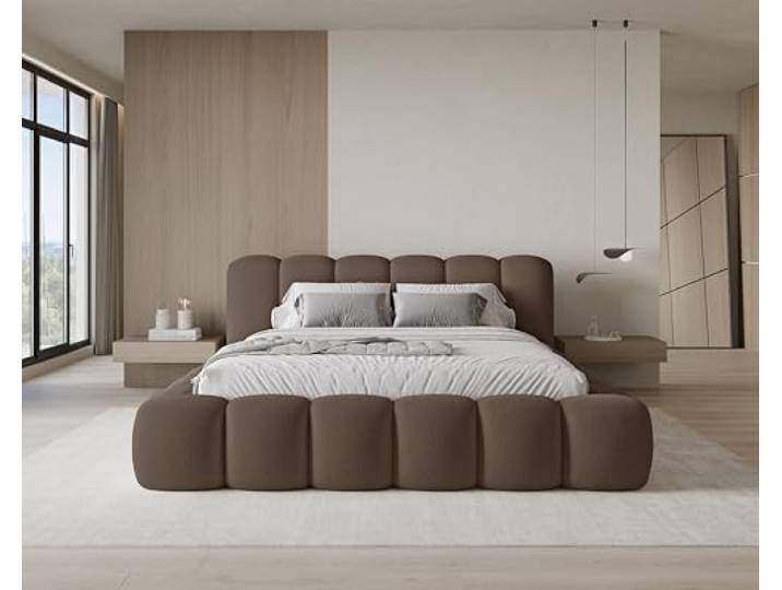 Chilly. Möbel Design Bett Stone - Polsterbett 180x200 mit Bettkasten, Lattenrost und Kopfteil - Eleganter Bouclé-Stoffbezug Braun