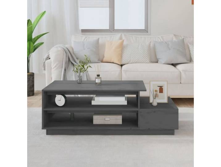 Table basse - AKOZON - 120x50x40 5 cm - Bois massif de pin - Couleur gris - Design contemporain