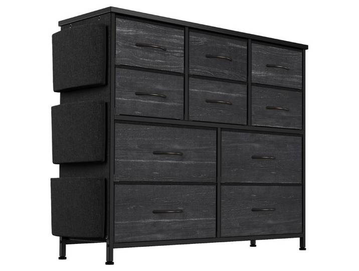 Commode De Chambre Commode à 10 Tiroirs en Tissu Pochettes Latérales Cadre Métal Meuble TV Armoire Meuble De Rangement Noir