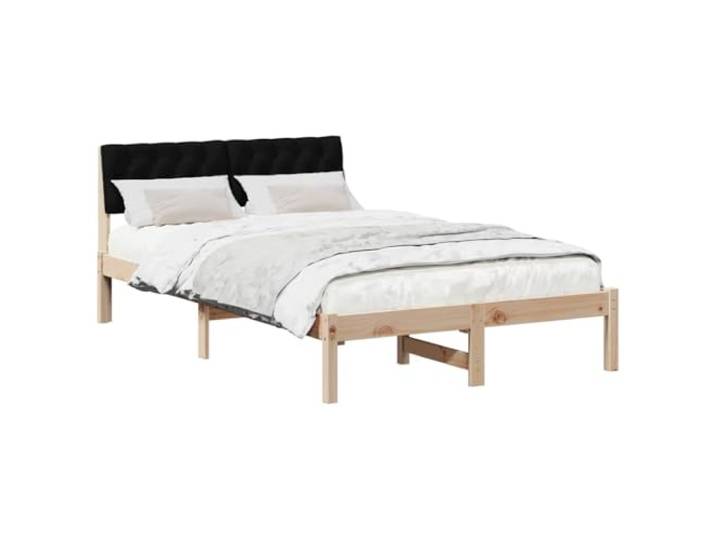 KTHLBRH Bettgestell aus Massivholz, Kiefer, mit Kopfteil, Braun und Schwarz Modernes Design, gepolstertes Kopfteil aus Polyester, robuste quadratische Beine, pflegeleicht