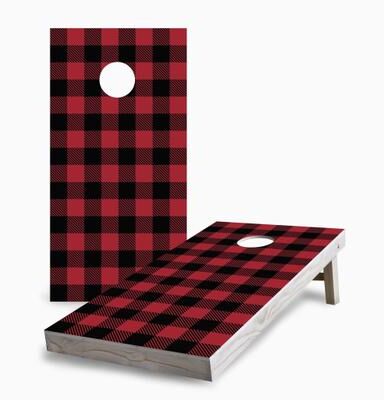 Skip's Garage Red Buffalo Plaid Regulation 2x4 Cornhole Game Set