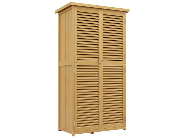 Modfu Gartenschrank aus Holz 87x46,5x160cm in Gelb mit Lamellentüren, 46.5x160x87 cm, Gartenzubehör, Geräteschränke