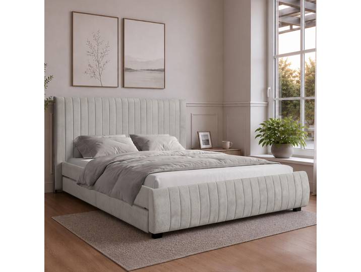 Beautysofa Polsterbett 160x200 cm CALMA Doppelbett mit 2 Schubladen & Lattenrost, Beige Raven Chenille-Stoff, Chromdetails, Bett ohne Matratze
