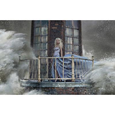 Fototapete PAPERMOON "LEUCHTTURM-WELLEN FRAU BEGRIFFSFOTO FANTASIE SURREAL", bunt, B:4m L:2,6m, Vlies, Tapeten