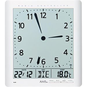 AMS Wanduhr 5896, Kunststoff, digital, Funkuhr, 21 x 24 cm, weiß, mit Thermometer & Datumsanzeige, lautlos