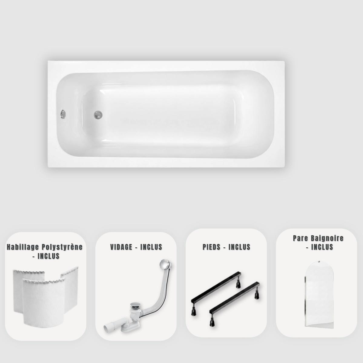 Weiße rechteckige Slim-Badewanne 180x80 cm - Verkleidung + Badewannenaufsatz + Ablaufgarnitur Chrom + Füße - OPTIKA
