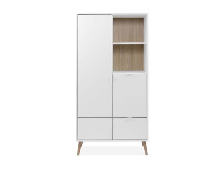 CALICOSY - Buffet haut 2 portes 1 tiroir décor blanc et chêne H155 cm KLINT - Blanc