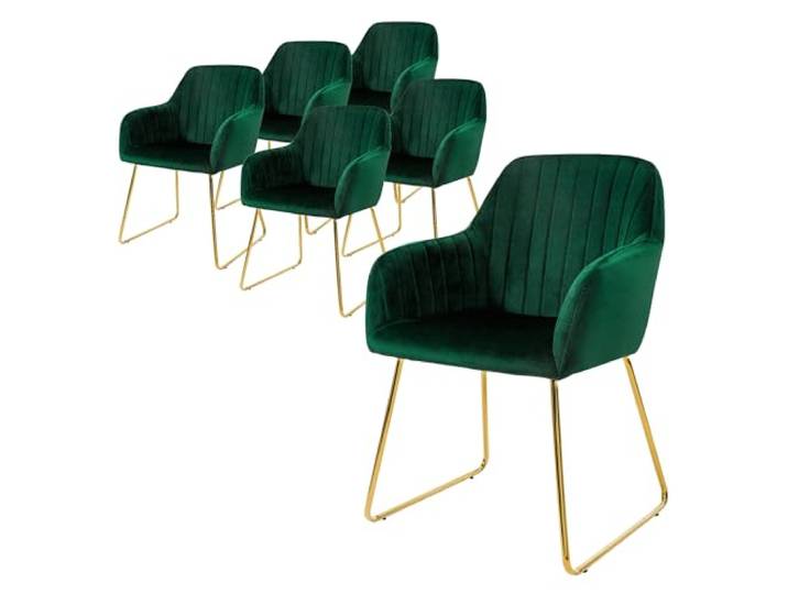 ML-Design Esszimmerstühle 6er Set, Sitzfläche aus Samt, Grün, Wohnzimmerstuhl mit Rücken- und Armlehnen, Küchenstuhl Gold Beine, Polsterstuhl mit Metallgestell, Ergonomische Sessel für Esstisch