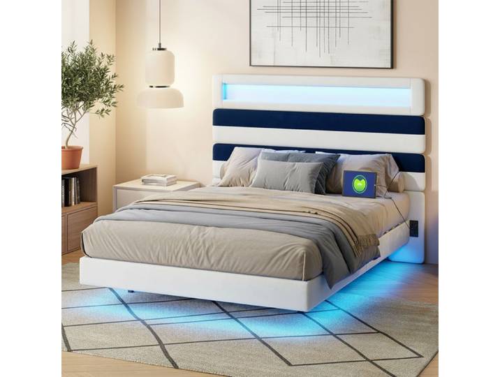 Structure de lit - POCKETPOP - Velours beige - Éclairage LED intégré - Tête haute avec USB