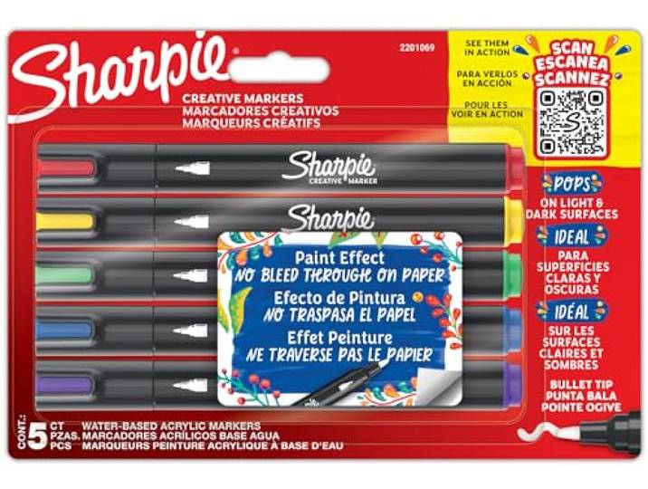 Sharpie Creative Marker Acrylverfmarkers Brushtip Verfmarkers op waterbasis Inkt loopt niet door en geschikt voor de meeste oppervlakken Diverse kleuren 5 stuks